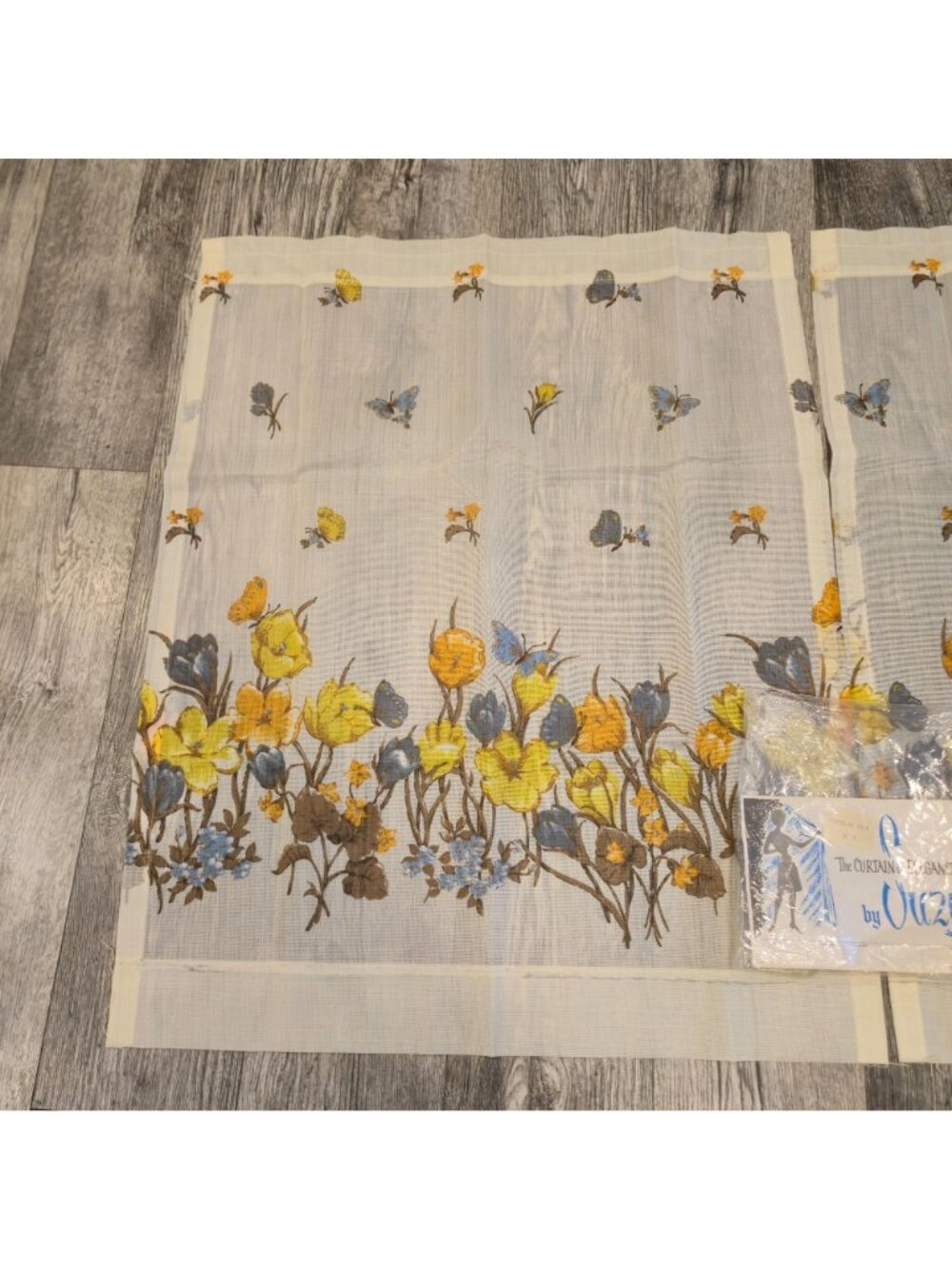 Floral Butterfly MCM Sheer Curtains 2 Panels 36"x29" Yellow Blue Brown Retro NOS - Picture 8 of 10